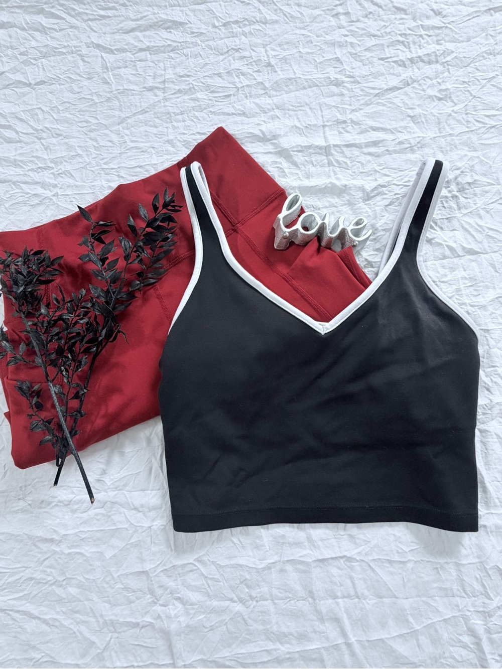 aerie OFFLINE Black V-Neck Cropped Tank with White Trim